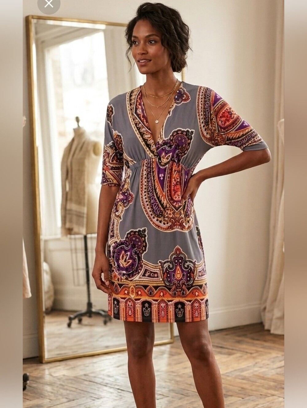 Cristina love paisley Mini Dress Half Sleeve Sz S Gray